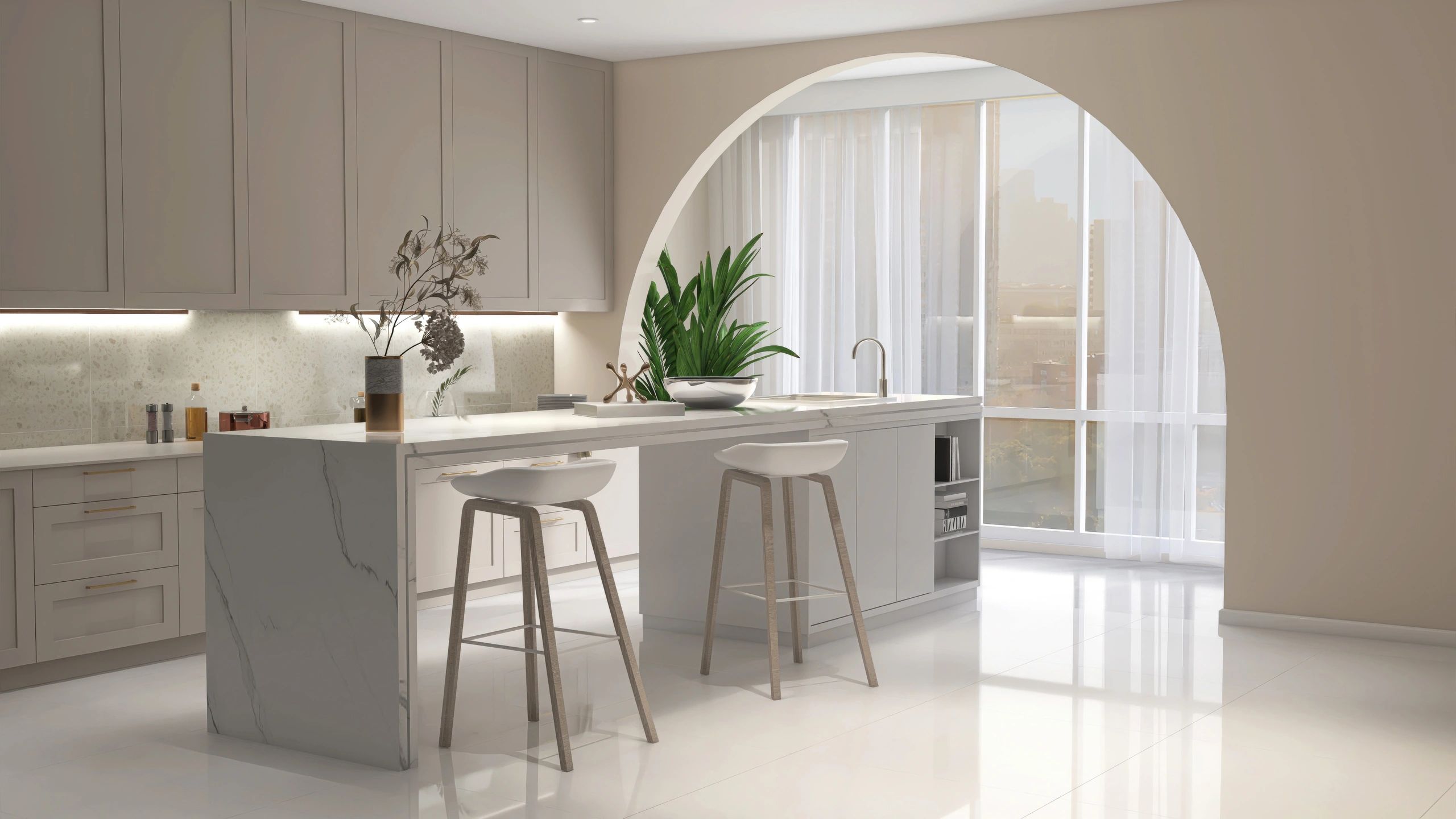 Warm white quartz island with elegant veining in a bright luxury kitchen